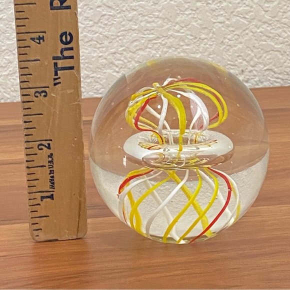 Handblown Art Glass Yellow White & Red Swirl Round Paperweight - Picture 4 of 10